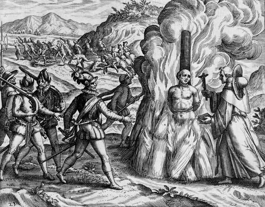 Gravat: el cacic Hatuey, lligat a un pal, a punt de ser cremat viu.