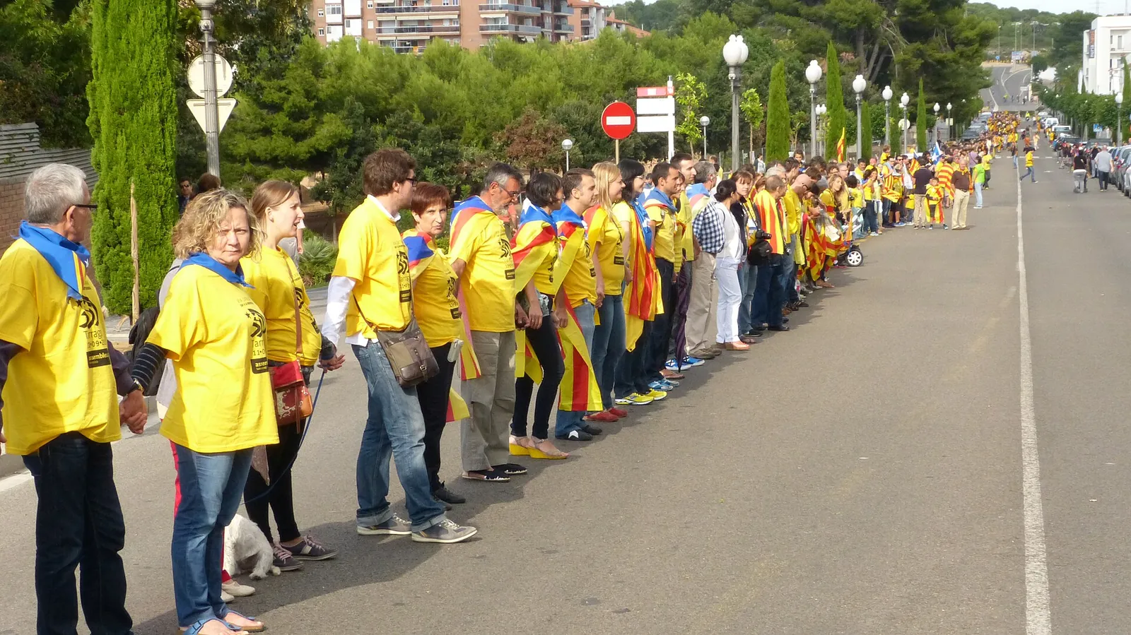 Gent agafada de les mans a la Via Catalana.